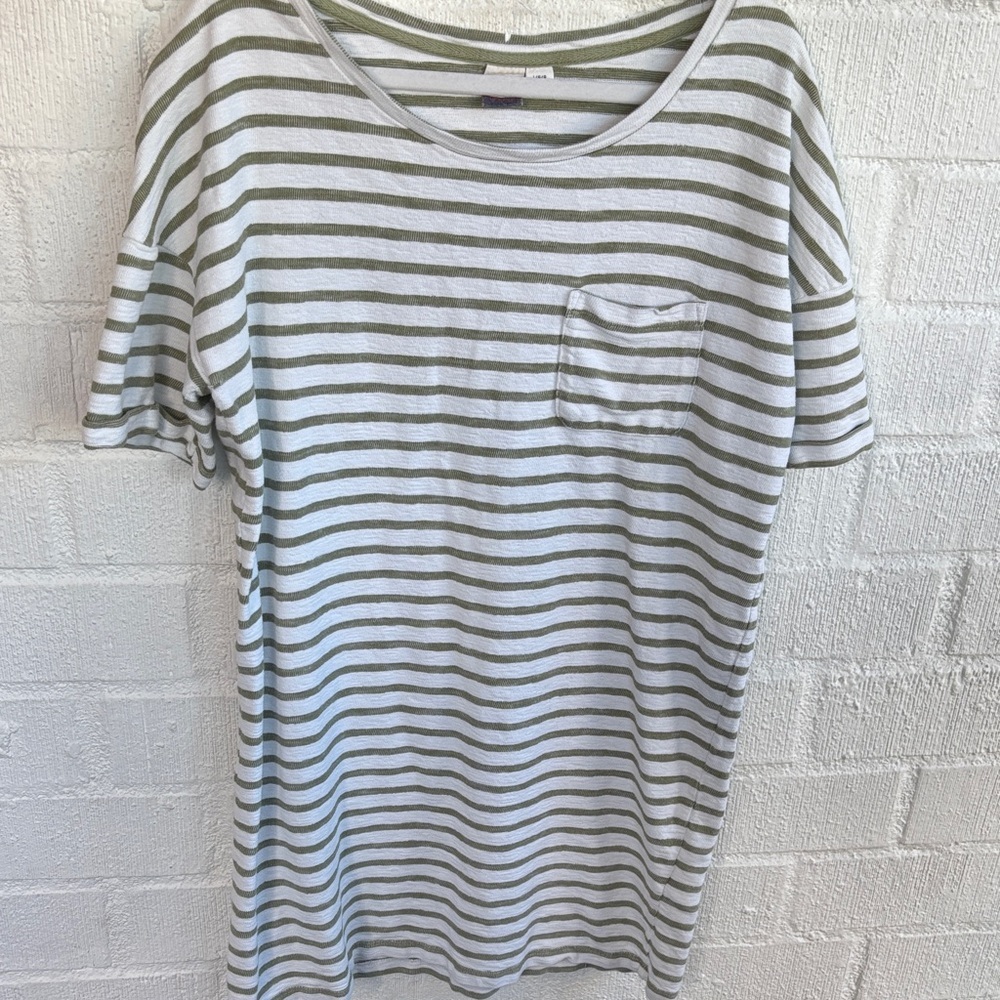 Roxy Striped Cotton Olive Green and White Striped Short Sleeve Mini Shirt Dress